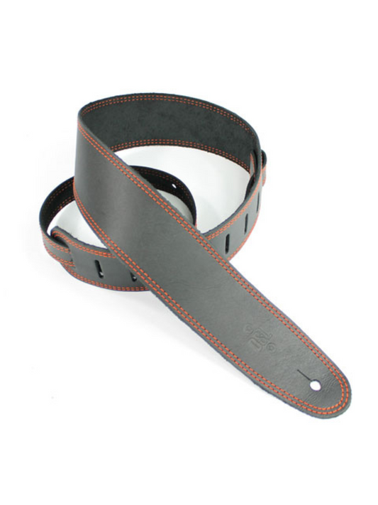 DSL Leather Guitar Strap - Black with Orange Stitch